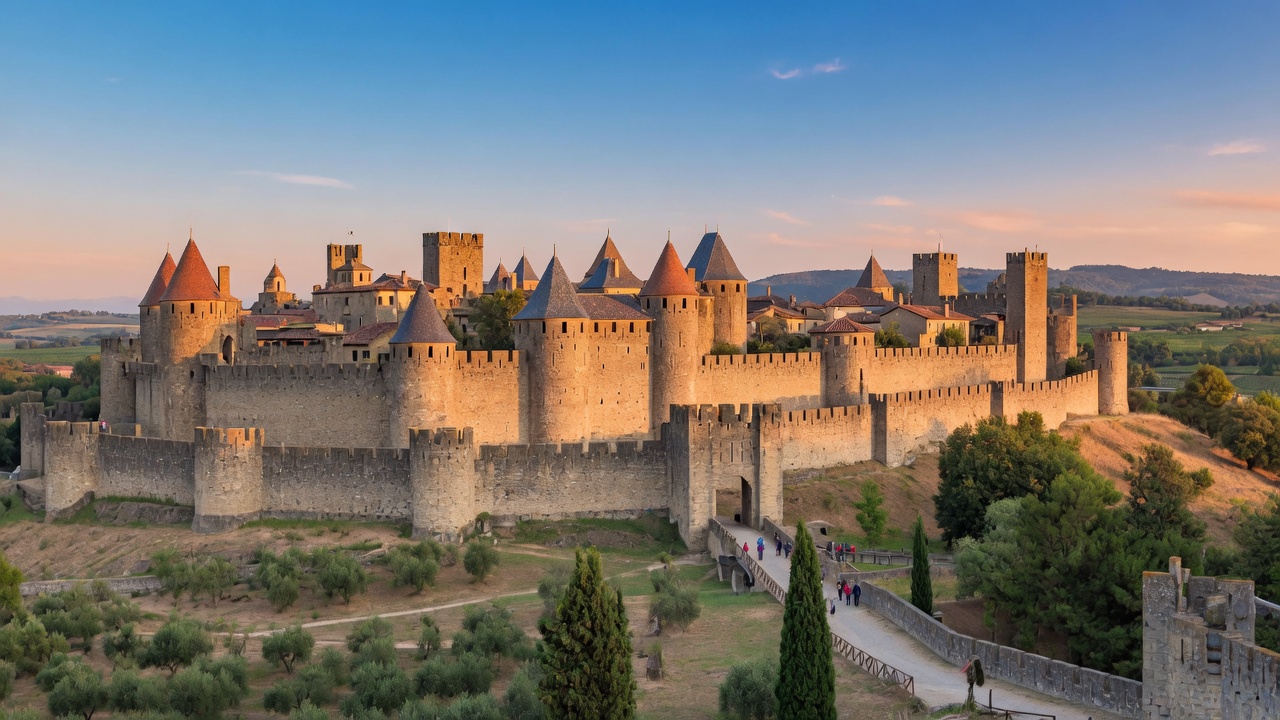 Cité médiévale de Carcassonne : remparts et tours (Aude)
