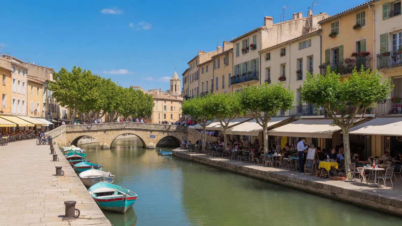 Narbonne — canal de la Robine, pont de pierre et terrasses (Aude)