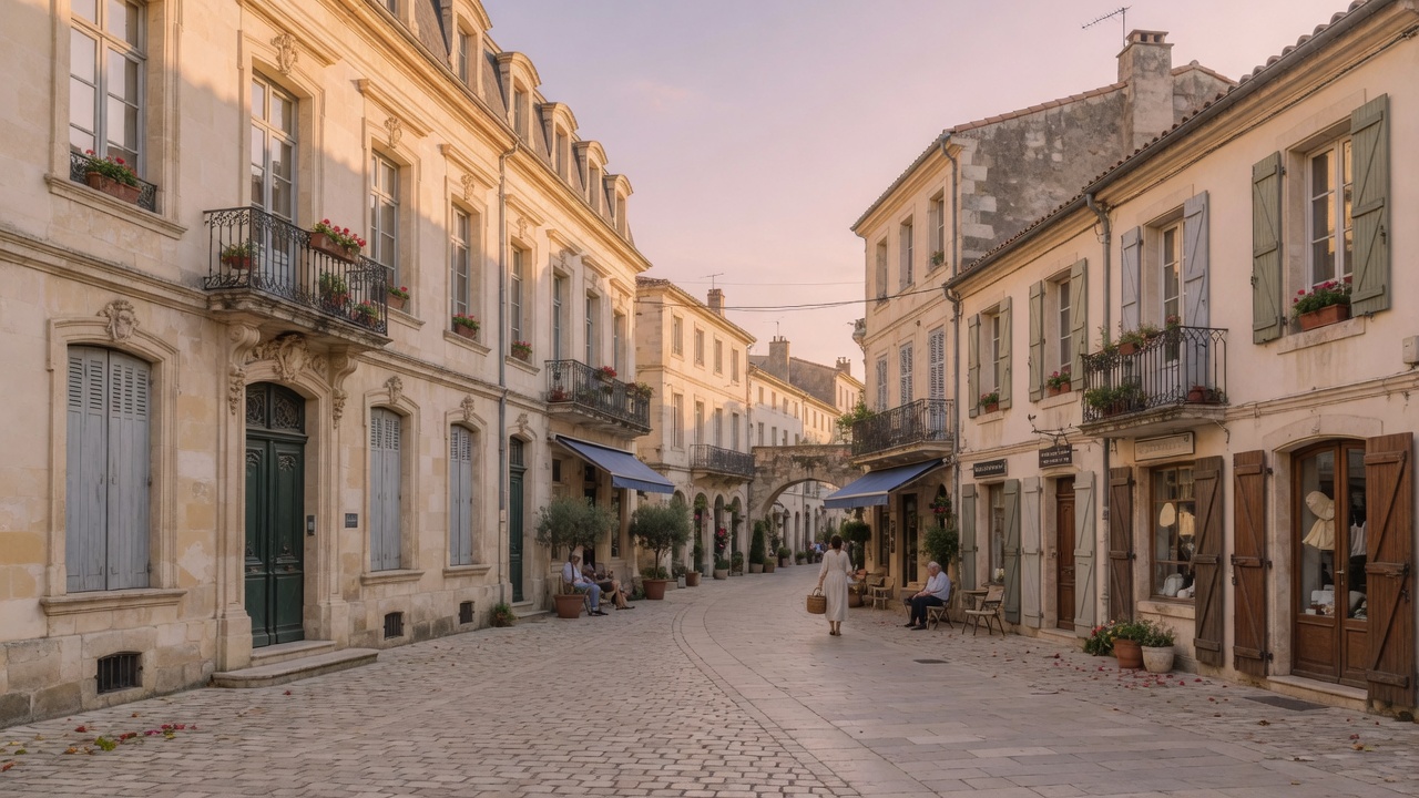 Pézenas, rue pavée du centre historique et façades en pierre