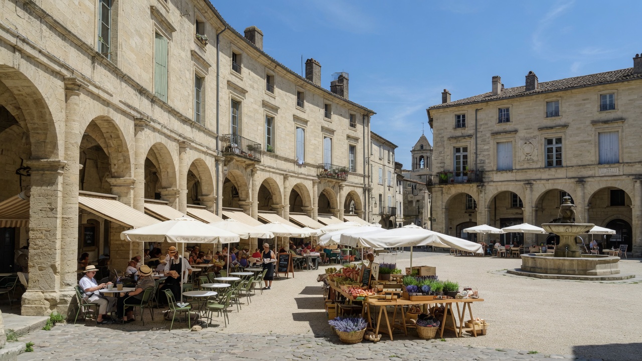 Uzès, place arcadée type Place aux Herbes, pierre claire
