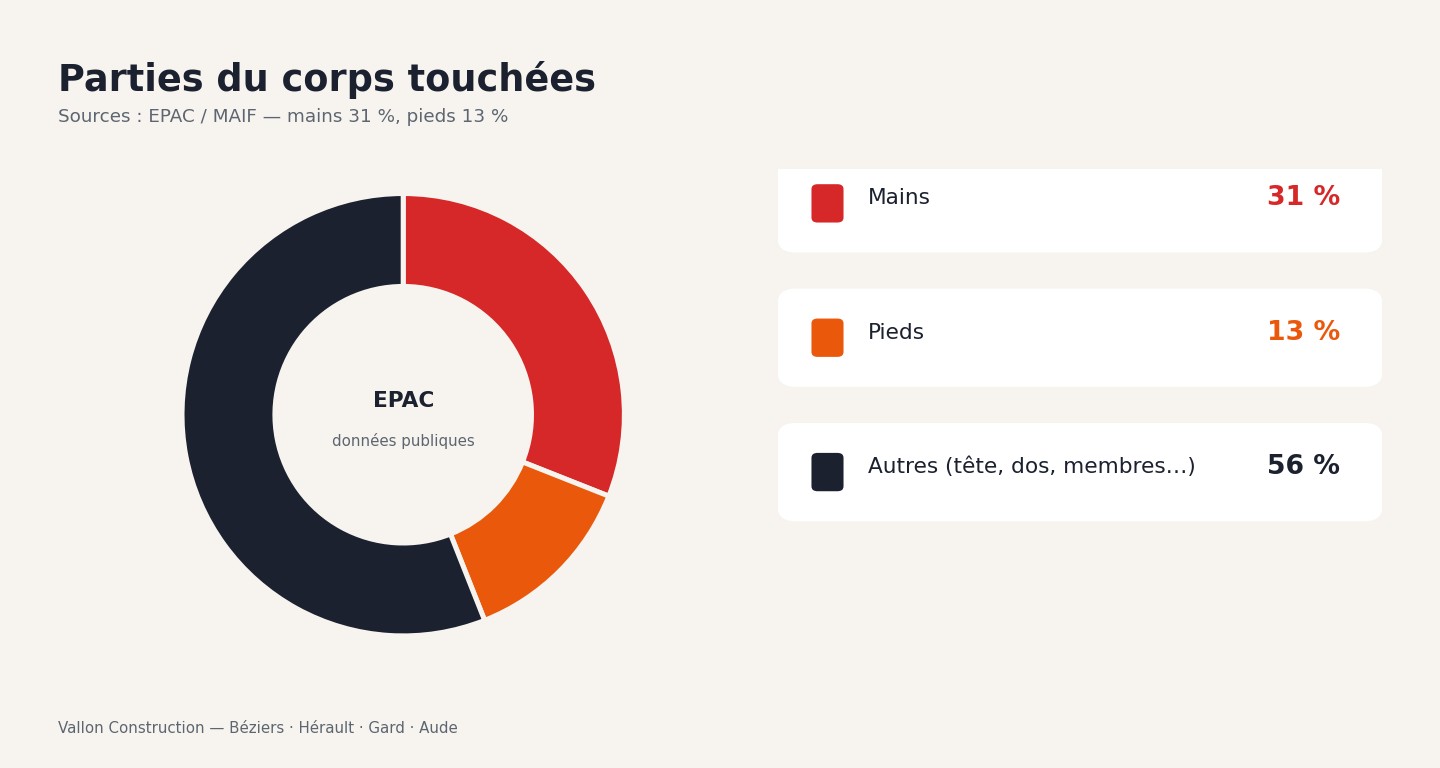 Donut chart parties du corps touchées : mains 31 %, pieds 13 %, autres 56 %